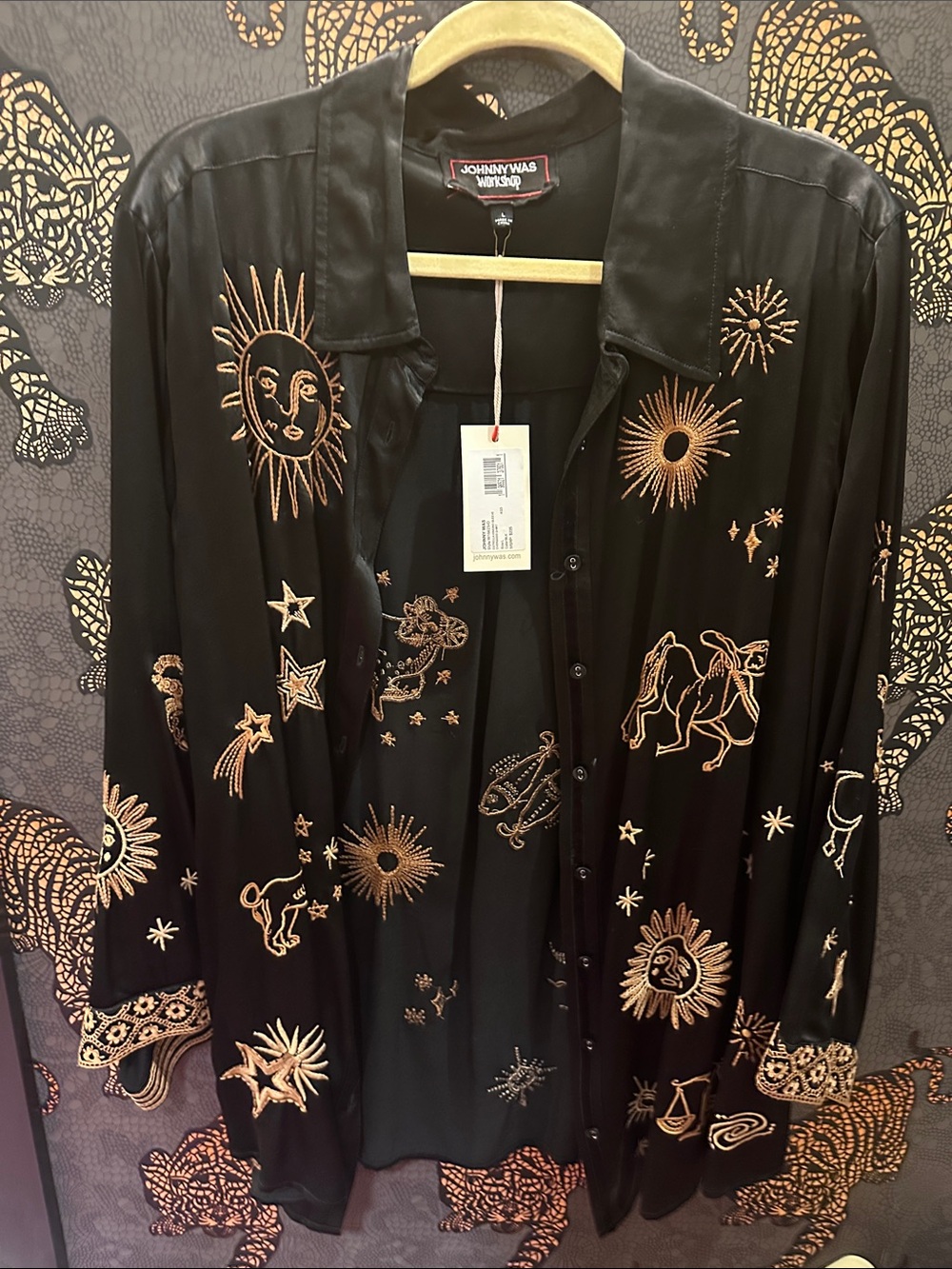 Johnny Was Black Satin Button-Down with Gold Zodiac Embroidery